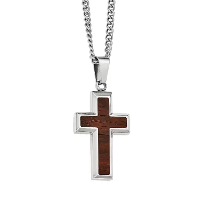 Mens Stainless Steel Wood Inlay Cross Pendant