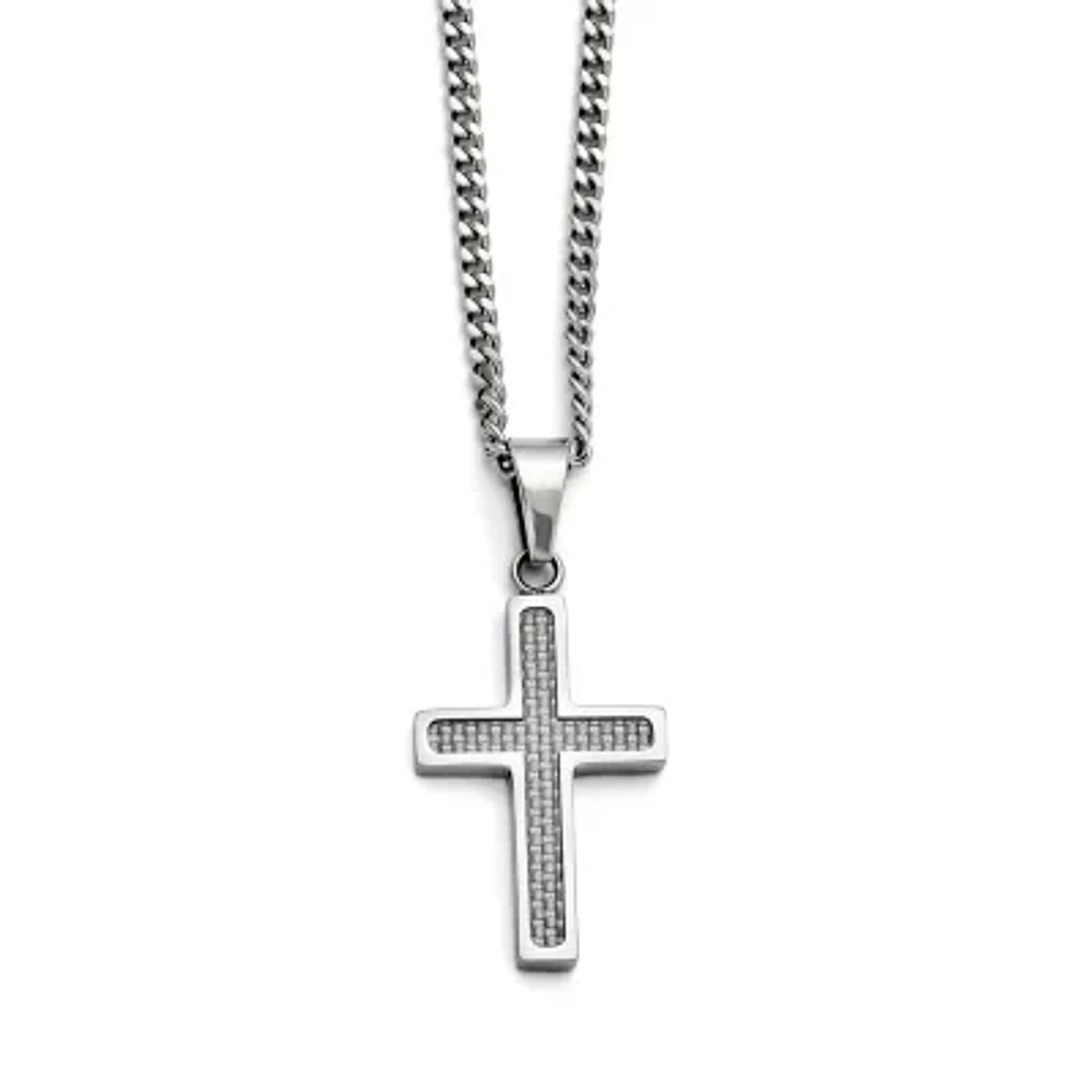 Mens Stainless Steel Carbon Fiber Cross Pendant