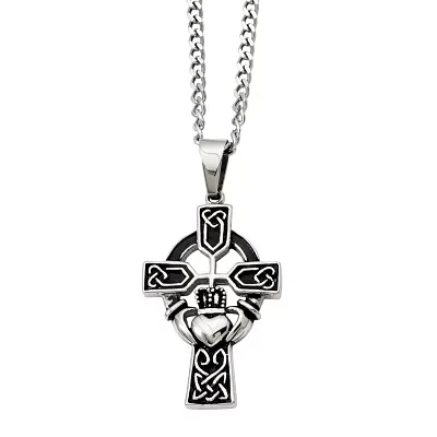 Mens Stainless Steel Antiqued Claddagh Pendant