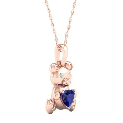 Gender Reveal Teddy Bear Womens Lab Created Blue Sapphire 14K Rose Gold Over Silver Pendant Necklace