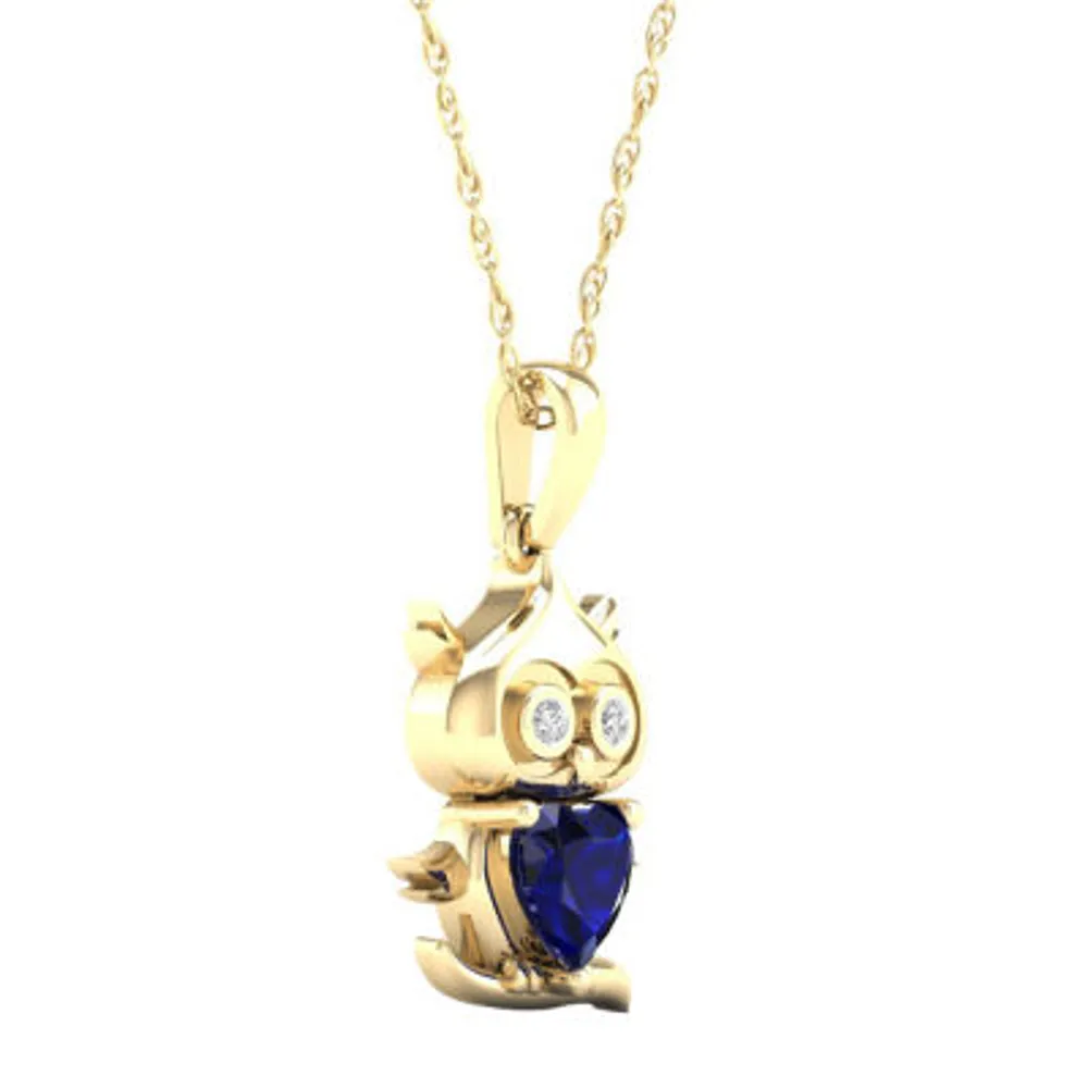 Gender Reveal Owl Womens Lab Created Sapphire 14K Gold Over Silver Pendant Necklace