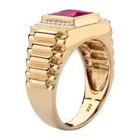 Mens Simulated Red Cubic Zirconia 18K Gold Over Silver Fashion Ring