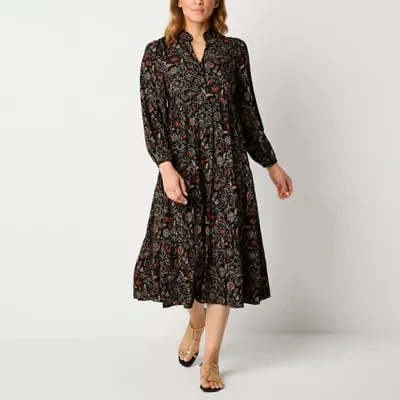 Jessica Howard Womens Long Sleeve Floral Midi Fit + Flare Dress Petite