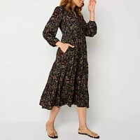 Jessica Howard Womens Long Sleeve Floral Midi Fit + Flare Dress Petite