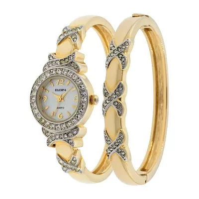 Elgin® Womens Gold-Tone Crystal-Accent Watch and Bangle Set