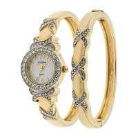 Elgin® Womens Gold-Tone Crystal-Accent Watch and Bangle Set