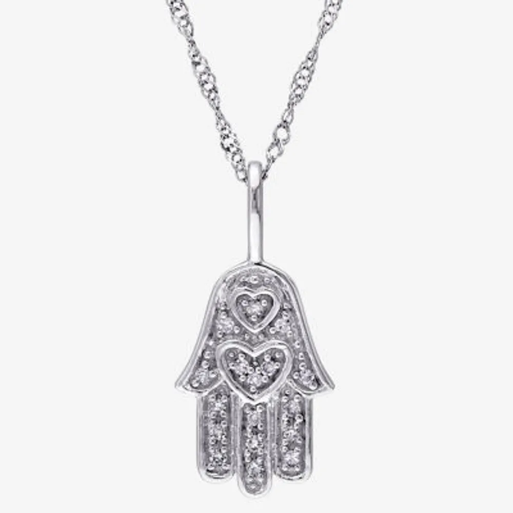 Womens Diamond Accent Natural White Diamond 14K White Gold Hamsa Pendant Necklace