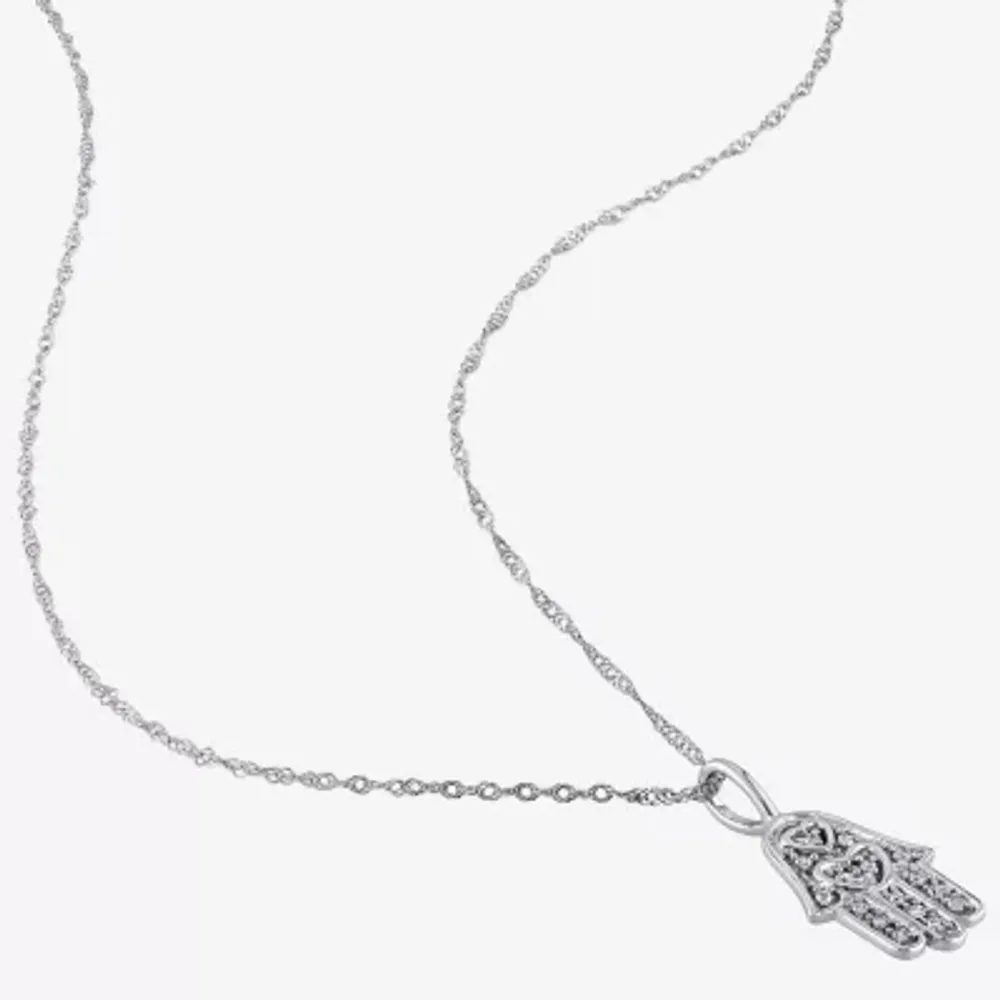 Womens Diamond Accent Natural White Diamond 14K White Gold Hamsa Pendant Necklace