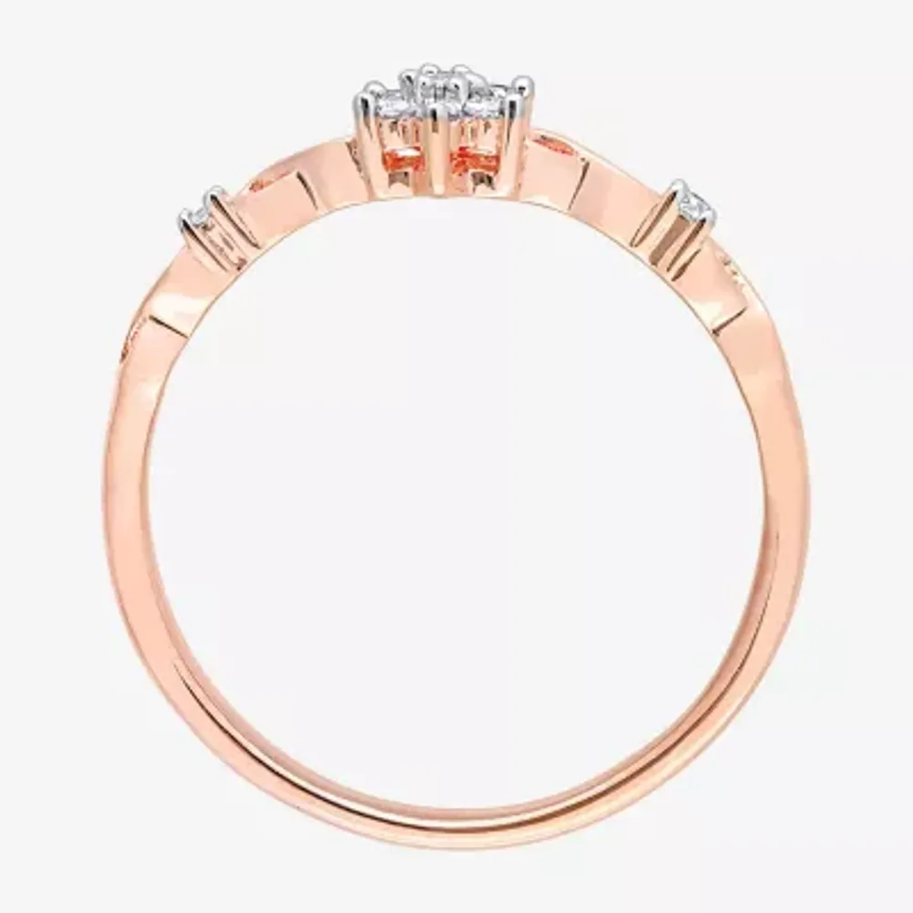 Womens 1/10 CT. T.W. Natural White Diamond 18K Rose Gold Over Silver Flower Delicate Stackable Ring