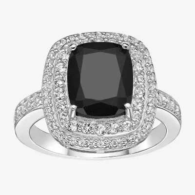 Womens Genuine Black Onyx Sterling Silver Cushion Halo Cocktail Ring