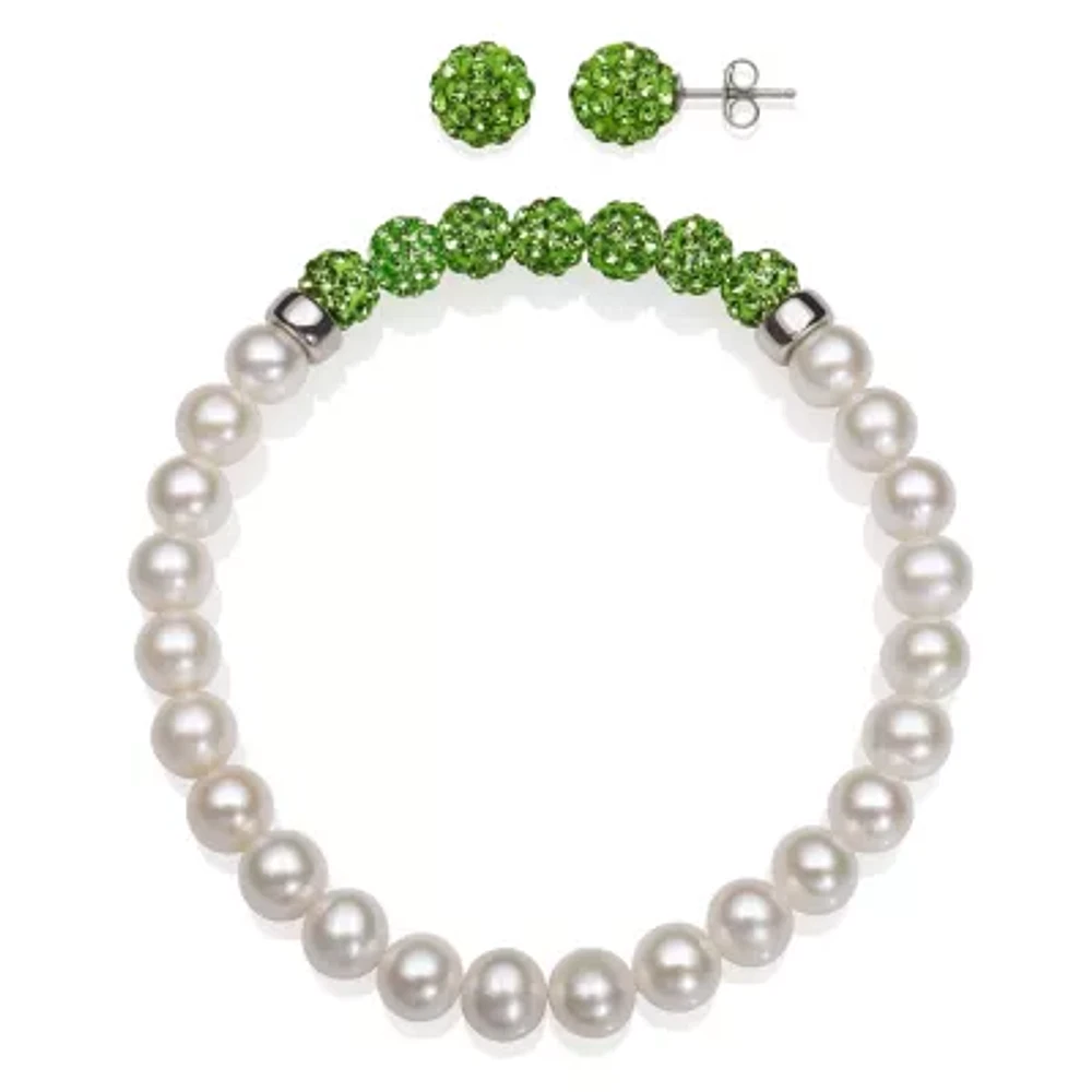 6-7Mm Cultured Freshwater Pearl And 6Mm Lab Created Crystal Bead Sterling Silver Earring And Bracelet Set