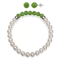 6-7Mm Cultured Freshwater Pearl And 6Mm Lab Created Crystal Bead Sterling Silver Earring And Bracelet Set