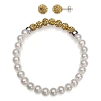 6-7Mm Cultured Freshwater Pearl And 6Mm Brown Lab Created Crystal Bead Sterling Silver Earring And Bracelet Set