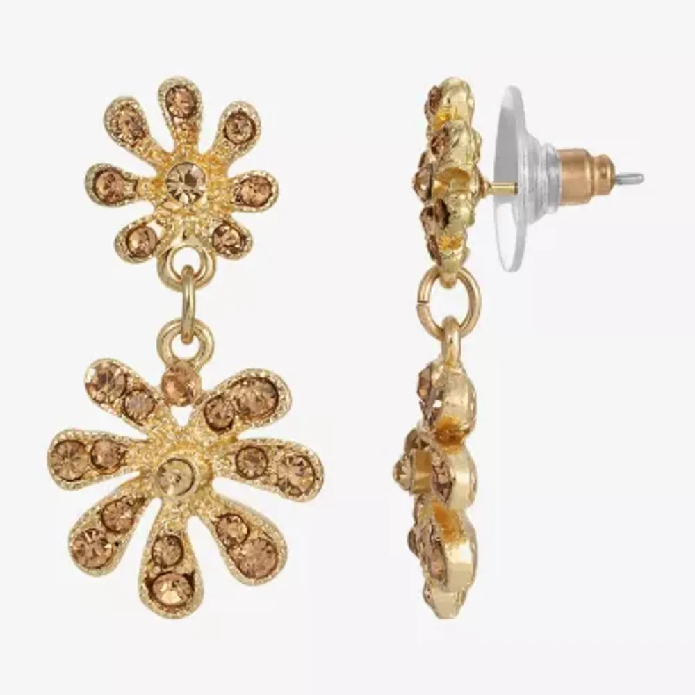 1928 Gold Tone Crystal Flower Drop Earrings