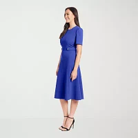 London Times Womens Short Sleeve Fit + Flare Dress