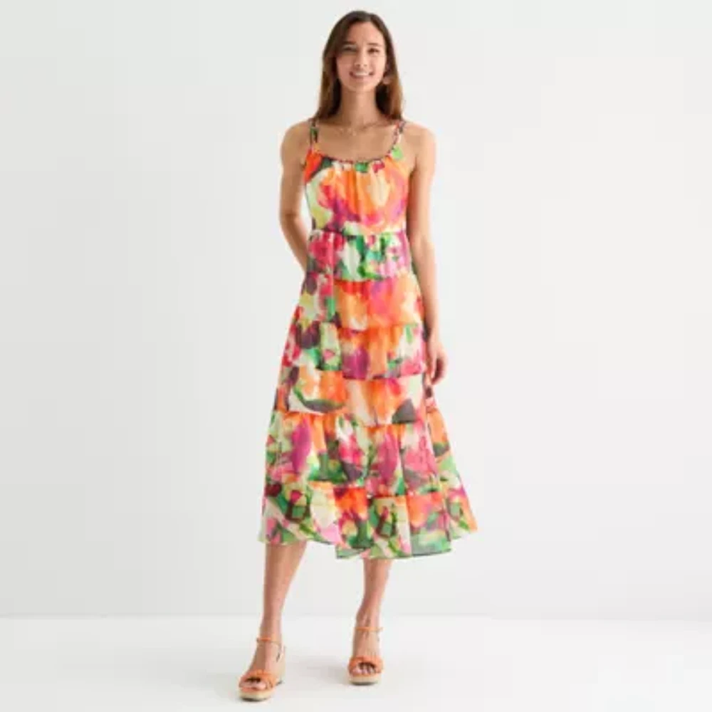 Robbie Bee Womens Sleeveless Floral Midi Fit + Flare Dress