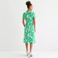 Perceptions Womens Short Sleeve Floral Midi Fit + Flare Dress