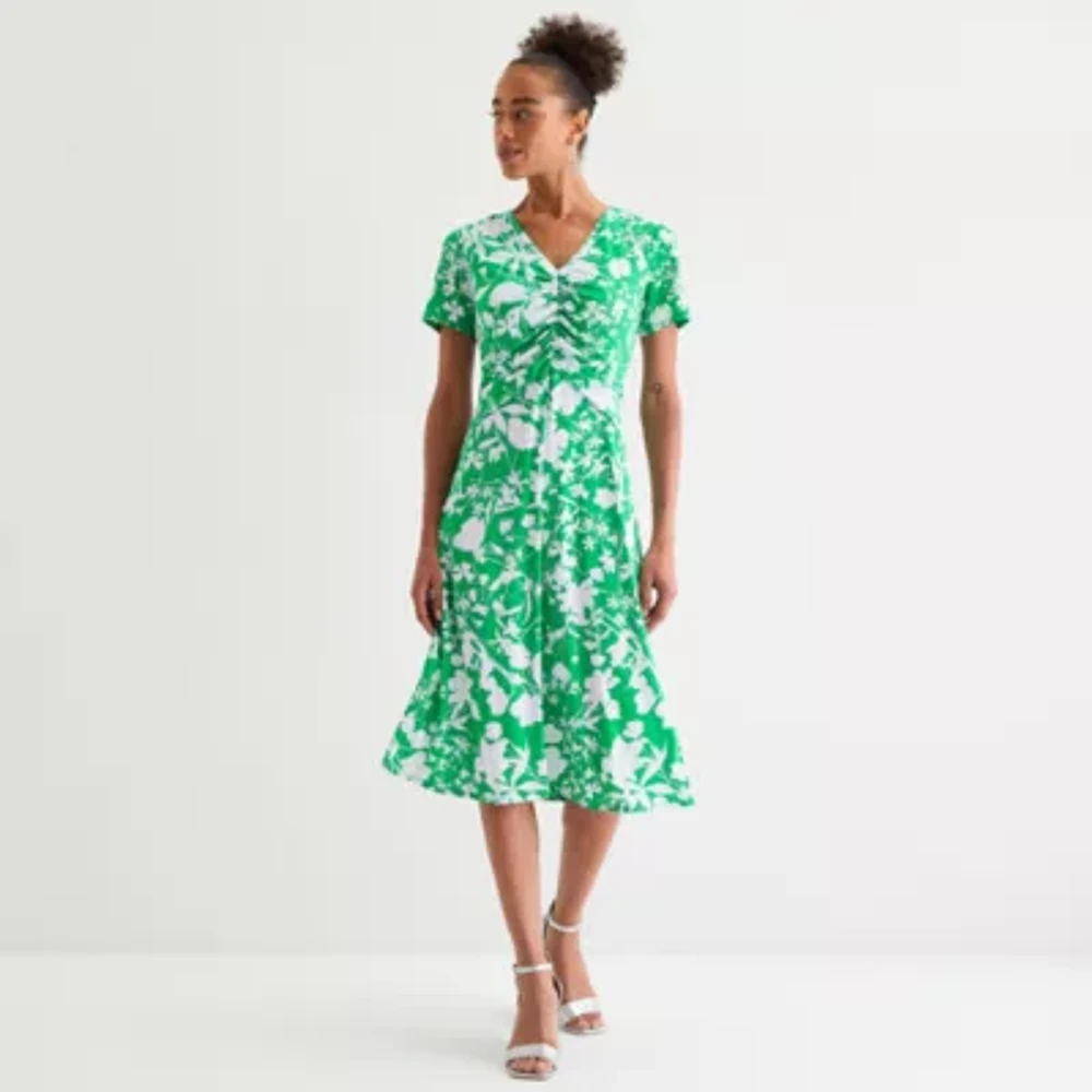 Perceptions Womens Short Sleeve Floral Midi Fit + Flare Dress