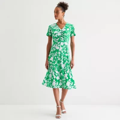Perceptions Womens Short Sleeve Floral Midi Fit + Flare Dress