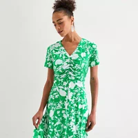 Perceptions Womens Short Sleeve Floral Midi Fit + Flare Dress