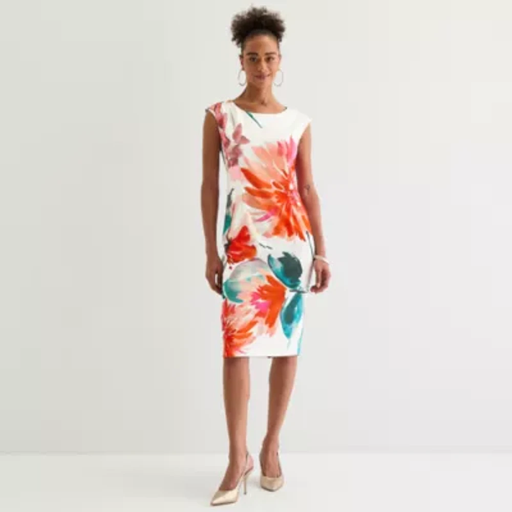 Maya Brooke Womens Short Sleeve Floral Sheath Dress