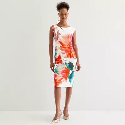Maya Brooke Womens Short Sleeve Floral Sheath Dress