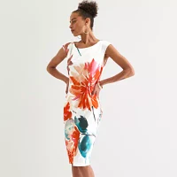 Maya Brooke Womens Short Sleeve Floral Sheath Dress