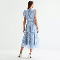Sandra Darren Womens Short Sleeve Floral Midi Fit + Flare Dress