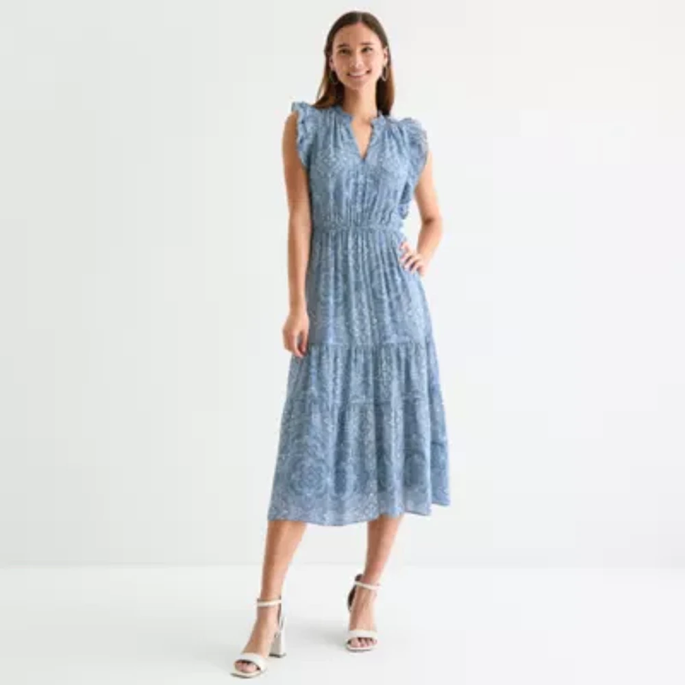 Sandra Darren Womens Short Sleeve Floral Midi Fit + Flare Dress