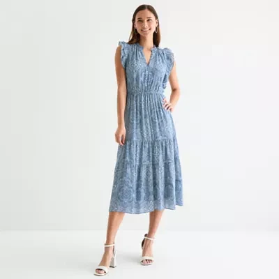 Sandra Darren Womens Short Sleeve Floral Midi Fit + Flare Dress