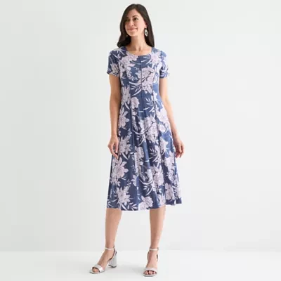 Sandra Darren Womens Short Sleeve Floral Midi Fit + Flare Dress