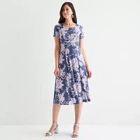 Sandra Darren Womens Short Sleeve Floral Midi Fit + Flare Dress