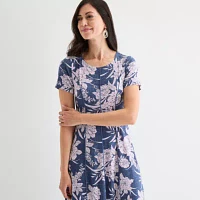 Sandra Darren Womens Short Sleeve Floral Midi Fit + Flare Dress