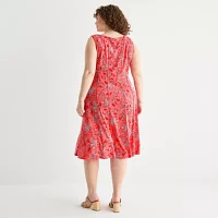 Perceptions Womens Sleeveless Floral Midi Fit + Flare Dress Plus