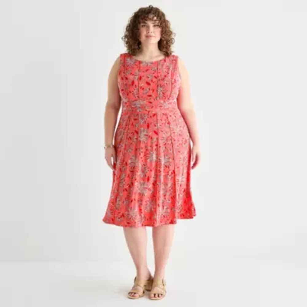 Perceptions Womens Sleeveless Floral Midi Fit + Flare Dress Plus