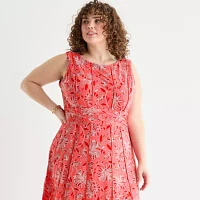 Perceptions Womens Sleeveless Floral Midi Fit + Flare Dress Plus