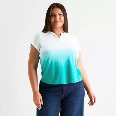 Liz Claiborne Plus Womens Split Crew Neck Short Sleeve Blouse