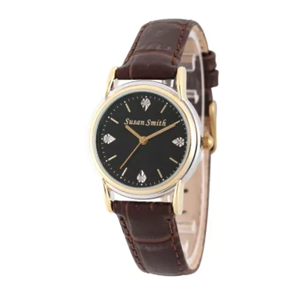 Personalized Womens Brown Leather 4 Diamond Strap Watch