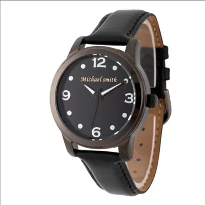 Personalized Mens Black Alloy Leather Strap Watch