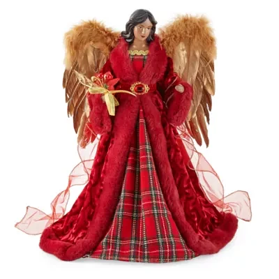 North Pole Trading Co. 16in Red Plaid African American Christmas Angel Figurine