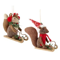 North Pole Trading Co. Sleding Squirrel And Fox Set 2-pc. Christmas Ornament