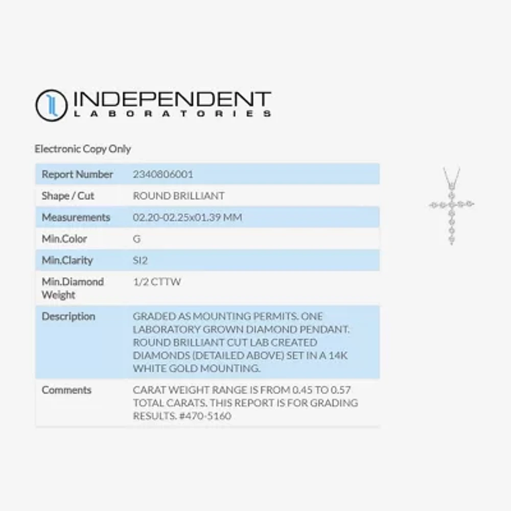 (G / Si2) Womens 1/2 CT. T.W. Lab Grown White Diamond 14K White Gold Cross Pendant Necklace