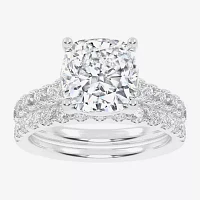 (G-H / Vs2-Si1) Womens 4 CT. T.W. Lab Grown White Diamond 14K Gold Cushion Side Stone Bridal Set