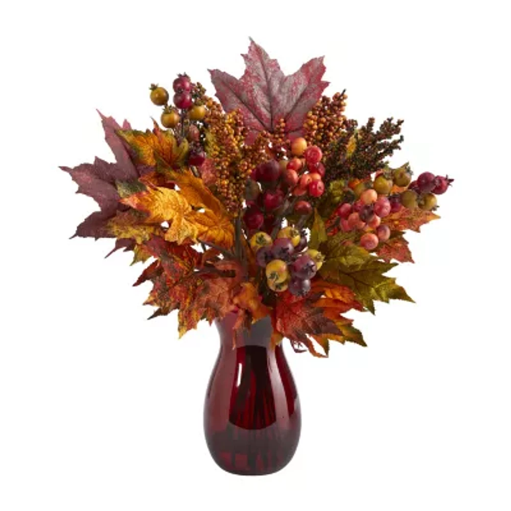 Nearly Natural 18in Faux Maple Leaf Berry Floral Arrangement