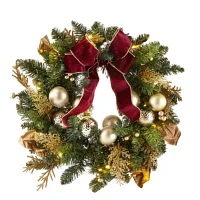 North Pole Trading Co. Gold And Burgundy Indoor Pre-Lit Christmas Wreath