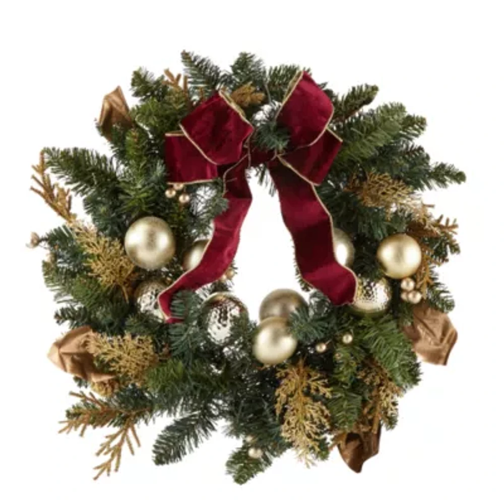 North Pole Trading Co. Gold And Burgundy Indoor Pre-Lit Christmas Wreath