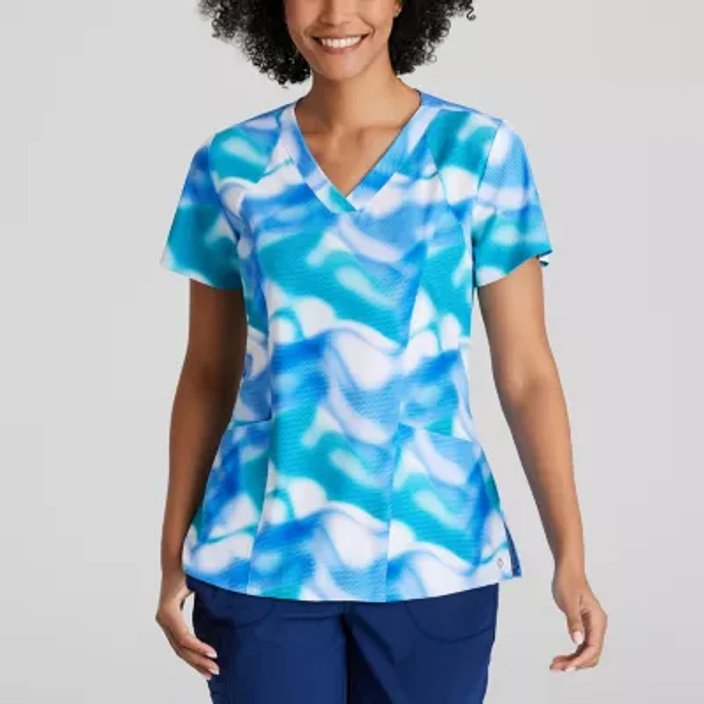 Barco One 5107 Thrive 4-Pocket Print Womens V Neck Moisture Wicking Short Sleeve Scrub Top