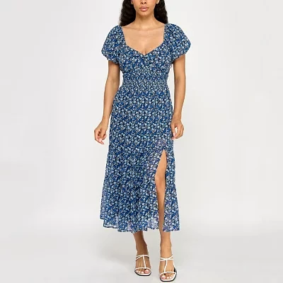Trixxi Womens Short Sleeve Floral Midi Fit + Flare Dress Juniors