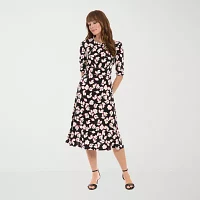 London Times Womens 3/4 Sleeve Floral Midi Fit + Flare Dress