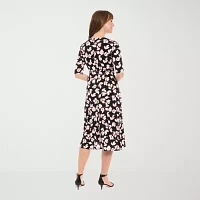 London Times Womens 3/4 Sleeve Floral Midi Fit + Flare Dress
